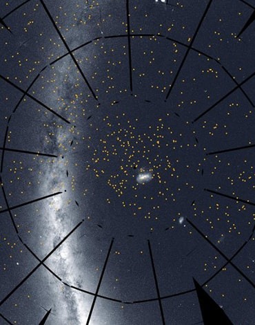 درخشش کمان کهکشان راه شیری درمیان دریایی از ستاره‌ها و سیارات