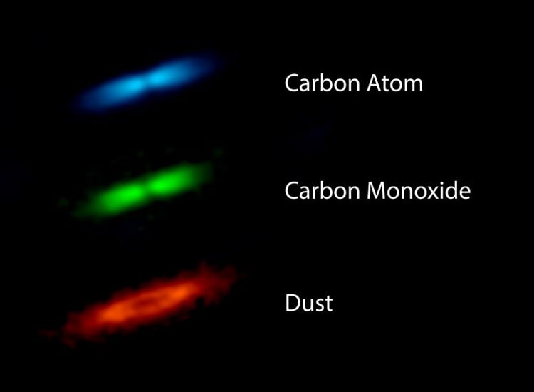 میزان توزیع غبار، منوکسید کربن و کربن در خرده قرص‌های اطراف ستاره جوان