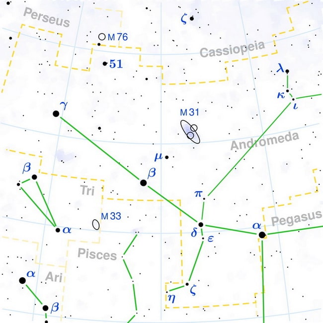 موقعیت کهکشان آندرومدا (M31) در صورت فلکی آندرومدا