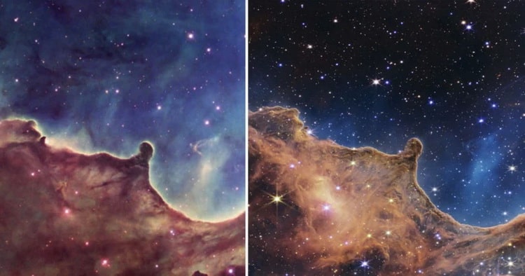 بخشی از سحابی کارینا ثبت شده توسط تلسکوپ فضایی هابل (سمت چپ) در برابر تصویر جیمزوب (سمت راست)