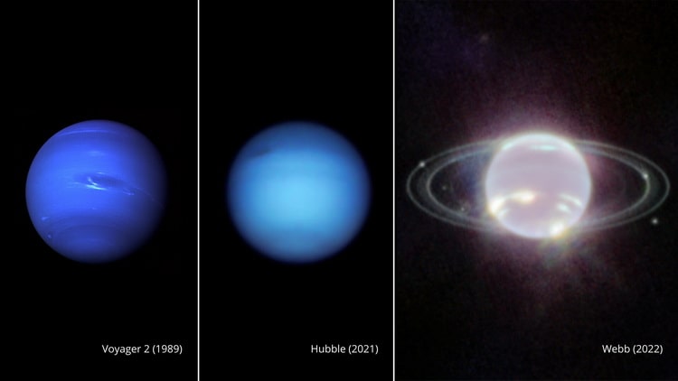 مقایسه تصاویر ثبت شده از نپتون توسط وویجر ۲، هابل و جیمز وب