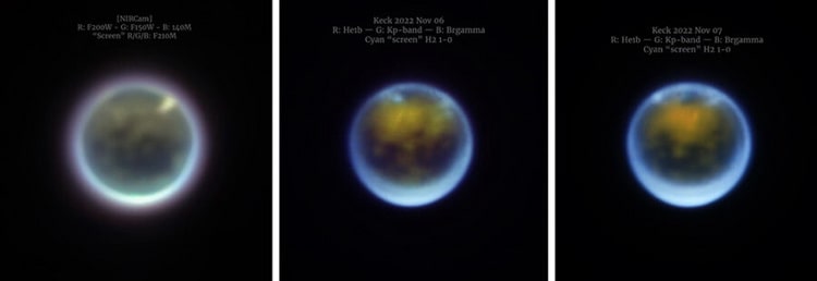 سمت چپ، عکس تلسکوپ فضایی جیمز وب از تایتان در چهارم نوامبر ۲۰۲۲. وسط، عکس رصدخانه کک در دو روز بعد. سمت راست، عکس رصدخانه کک در هفتم نوامبر ۲۰۲۲.