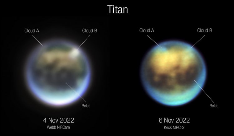 در سمت چپ، عکس تلسکوپ فضایی جیمز وب از تایتان در چهارم نوامبر ۲۰۲۲ را می‌بینیم و در سمت راست، عکس رصدخانه کک از این قمر که دو روز بعد ثبت شده است.